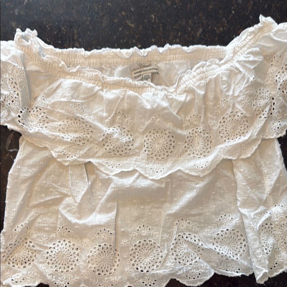 American Eagle Outfitters Cream Ruffled Off-Shoulder Blouse